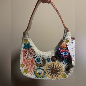 Handcrafted Beaded White Crescent Shoulder Bag with Colorful Embroidery -NWT